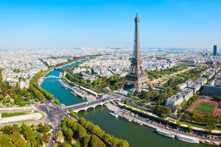 Eiffel Tower or Tour Eiffel aerial view, is a wrought iron lattice tower on the Champ de Mars in Paris, France