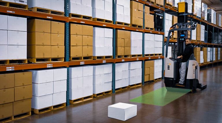 A demonstration of a forklift in a warehouse detecting an object in its path