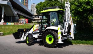 A JCB hydrogen powered backhoe loader pictured in Vienna, Austria
