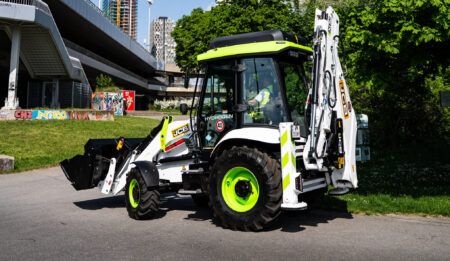 A JCB hydrogen powered backhoe loader pictured in Vienna, Austria