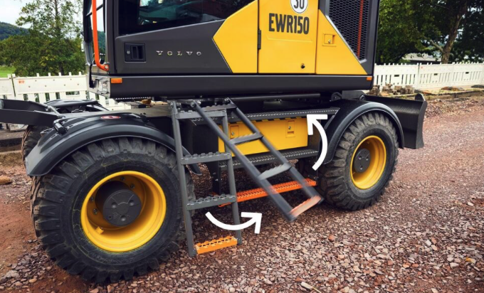 The retractable ladder on the machine swings down from a recess in the side of the machine to provide safe and easy access