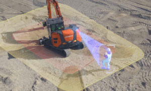 An illustration of a Hitachi machine detecting a nearby operator using Leica Xsight360 safety awareness solution