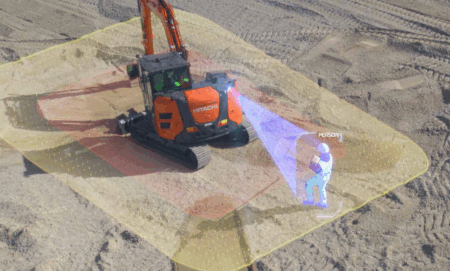 An illustration of a Hitachi machine detecting a nearby operator using Leica Xsight360 safety awareness solution