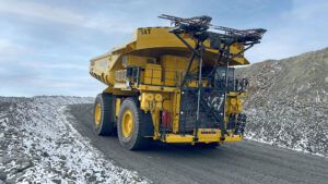 A Komatsu 930E diesel trolley PA truck at the Boliden Aitik Mine