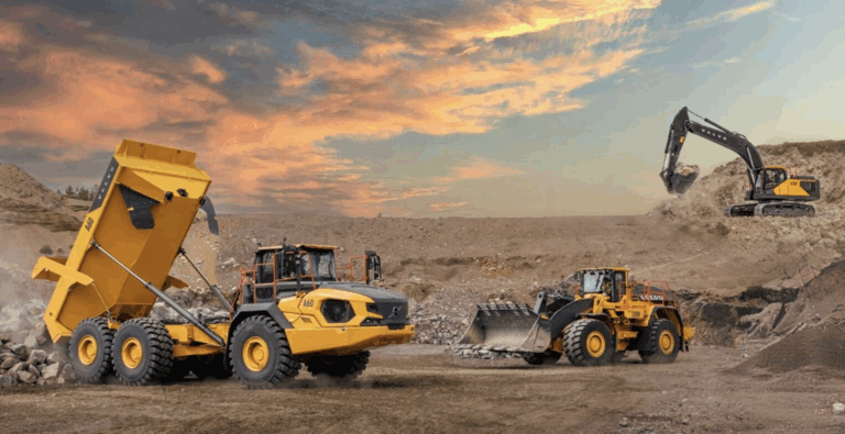 Volvo CE completes acquisition of Swecon Volvo CE machines in front of a sunset backdrop