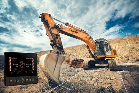 A large yellow excavator branded 'Xwatch' is positioned on a gravel construction site with a dirt mound in the background under a partly cloudy sky. White dashed lines and angles are overlaid on the image, showing measurements related to the excavator's arm and bucket. A digital display in the bottom left corner shows readings including left and right limits of 40.0m, various distances, and an angle of 2.73