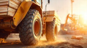 A yellow loader transports wood on a construction site, with an excavator in the background under a bright sunset.
