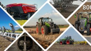 (clockwise from top-left) Massey Ferguson’s SB.1436DB double-baler, Fendt’s 1000 Gen4 tractor, Precision Planting’s MiraSense, Fendt’s 800 Gen5 tractor, PTx Trimble’s OutRun Tillage autonomy kit, Radicle Agronomics’ MicroGlow, and Precision Planting’s SymphonyVision | Rate and SymphonyVision | Spot