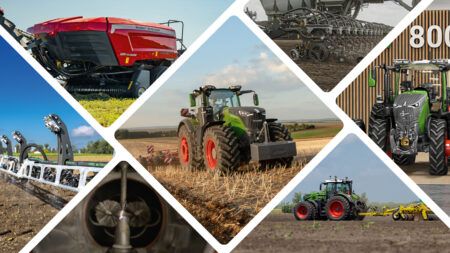(clockwise from top-left) Massey Ferguson’s SB.1436DB double-baler, Fendt’s 1000 Gen4 tractor, Precision Planting’s MiraSense, Fendt’s 800 Gen5 tractor, PTx Trimble’s OutRun Tillage autonomy kit, Radicle Agronomics’ MicroGlow, and Precision Planting’s SymphonyVision | Rate and SymphonyVision | Spot
