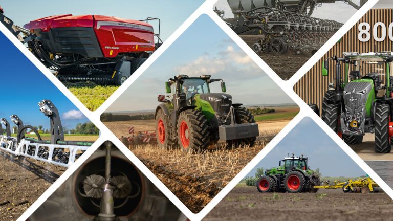 (clockwise from top-left) Massey Ferguson’s SB.1436DB double-baler, Fendt’s 1000 Gen4 tractor, Precision Planting’s MiraSense, Fendt’s 800 Gen5 tractor, PTx Trimble’s OutRun Tillage autonomy kit, Radicle Agronomics’ MicroGlow, and Precision Planting’s SymphonyVision | Rate and SymphonyVision | Spot