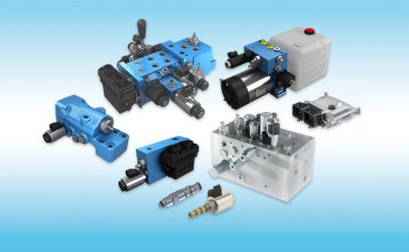 Bosch Rexroth and HydraForce compact hydraulic components including directional valves, cartridge valves, a compact power module and electronic controller