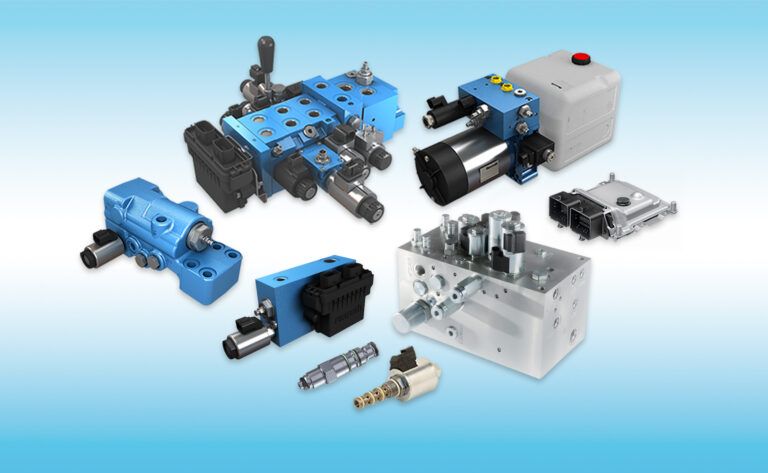 Bosch Rexroth and HydraForce compact hydraulic components including directional valves, cartridge valves, a compact power module and electronic controller