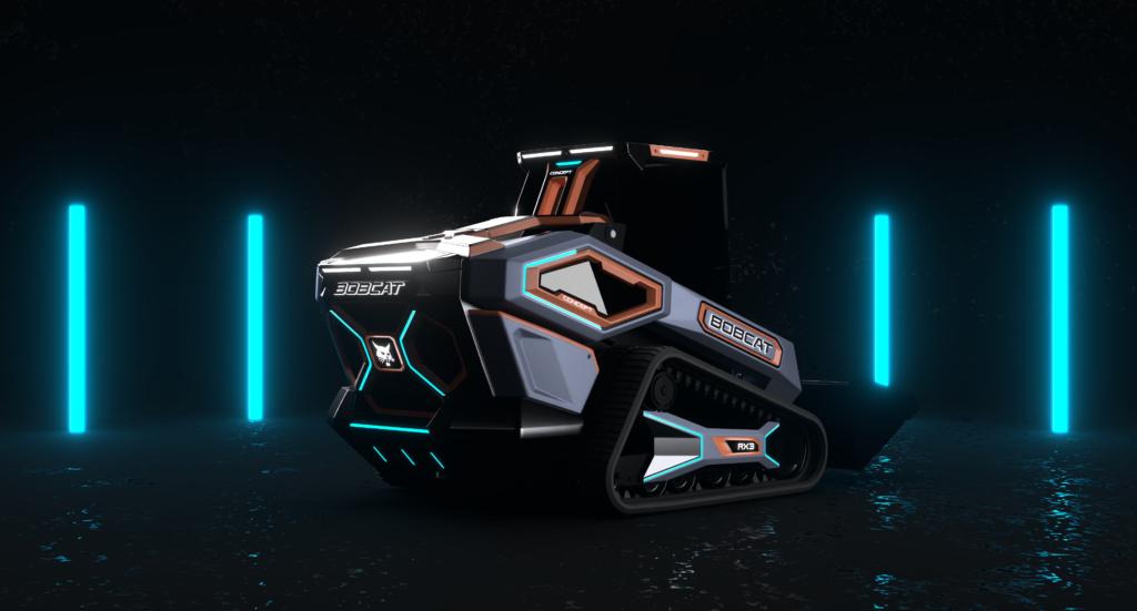 CASE STUDY: Bobcat’s battery-electric RogueX3 concept Bobcat's RogueX3 concept rendered in a dark, futuristic setting