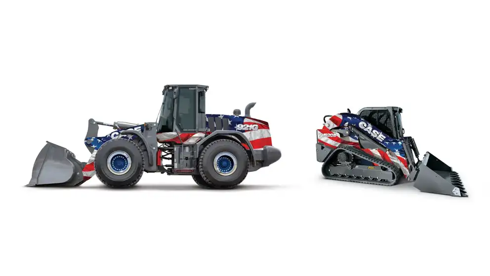 The Case 921G wheel loader and TV620B compact track loader in special-edition American flag livery