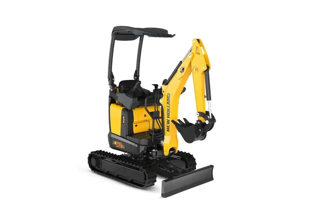 A New Holland Construction E12D mini excavator with yellow boom and black tracks, shown in three-quarter view against a white background. The machine has a canopy cab, front dozer blade and bucket attachment.