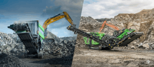 Two green EvoQuip machines operating on rocky outdoor sites -- on the left, the Caiman 150 shredder being loaded by a yellow LiuGong excavator, and on the right, the Cobra 290R impact crusher being loaded by an orange excavator in a quarry setting