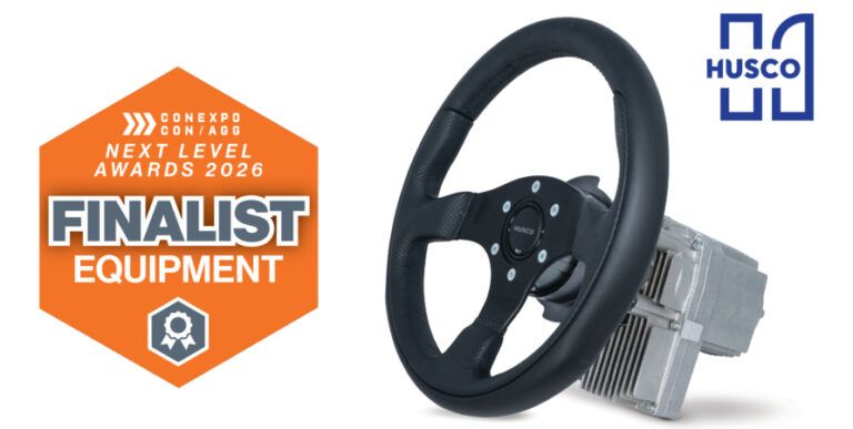Husco's GenSteer steering wheel and electronic control unit pictured alongside the ConExpo-Con/Agg Next Level Awards 2026 Finalist -- Equipment badge.