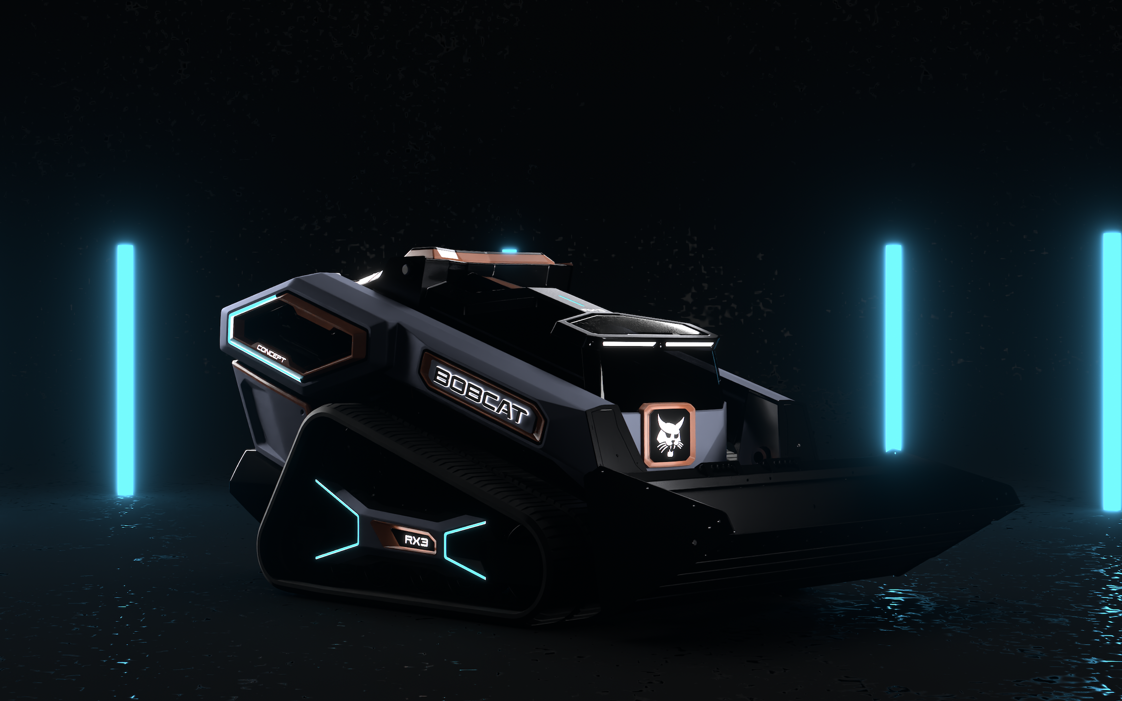 Bobcat's RogueX3 concept rendered in a dark, futuristic setting