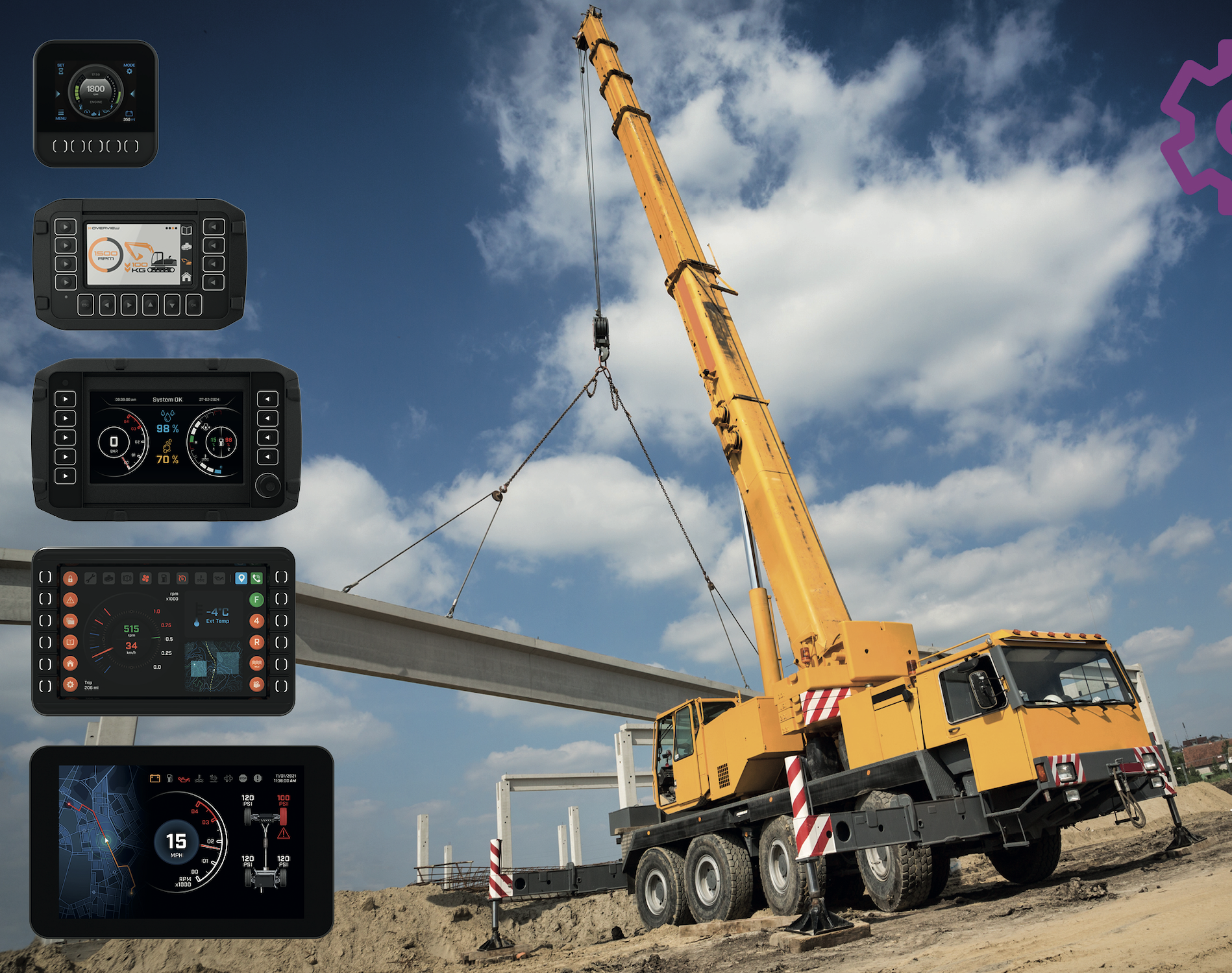 Composite image showing five DSE DSEM-Series display units in various sizes alongside a yellow mobile crane lifting a concrete beam on a construction site