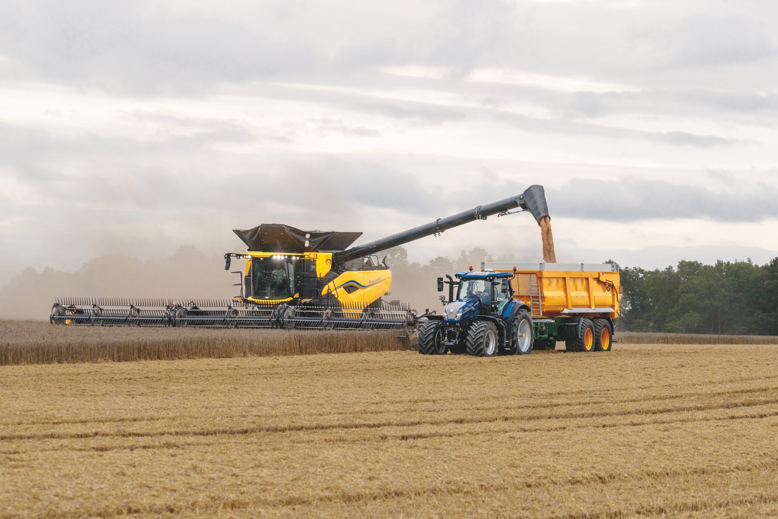 New Holland T7 SWB tractor working alongside a combine harvester during grain harvest, demonstrating the model's versatility for mixed farming operations.