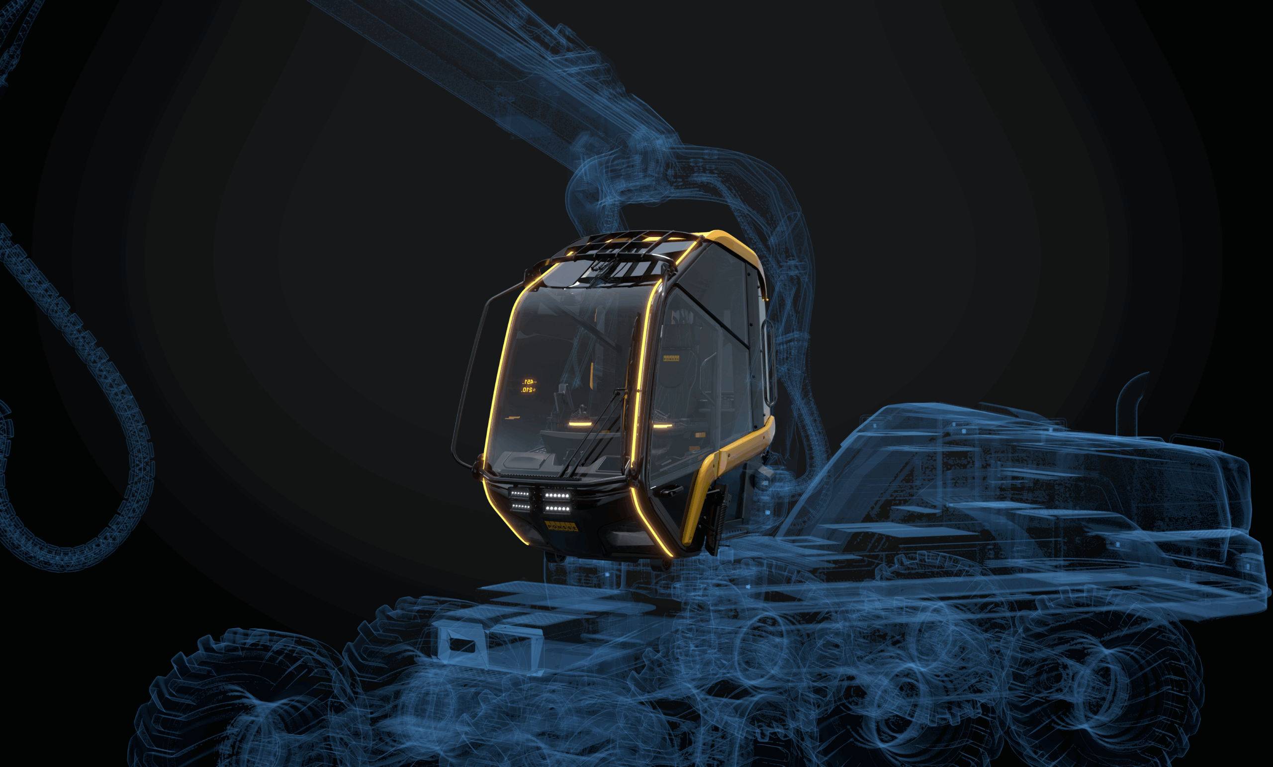 Rendered concept image of a futuristic off-highway machine cab with yellow accent lighting and integrated work lights, shown against a blue wireframe illustration of the surrounding machine architecture