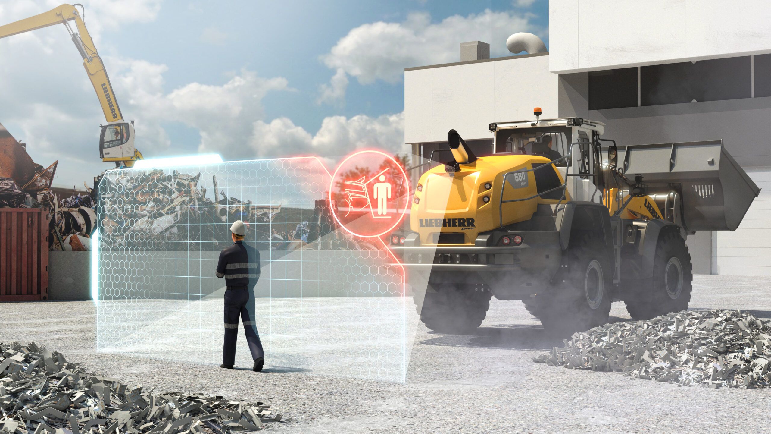 A rendered illustration showing a Liebherr L 580 wheel loader with an AI-powered people detection system active, displaying a virtual safety boundary and warning icon as a worker in high-visibility clothing enters the machine's working area