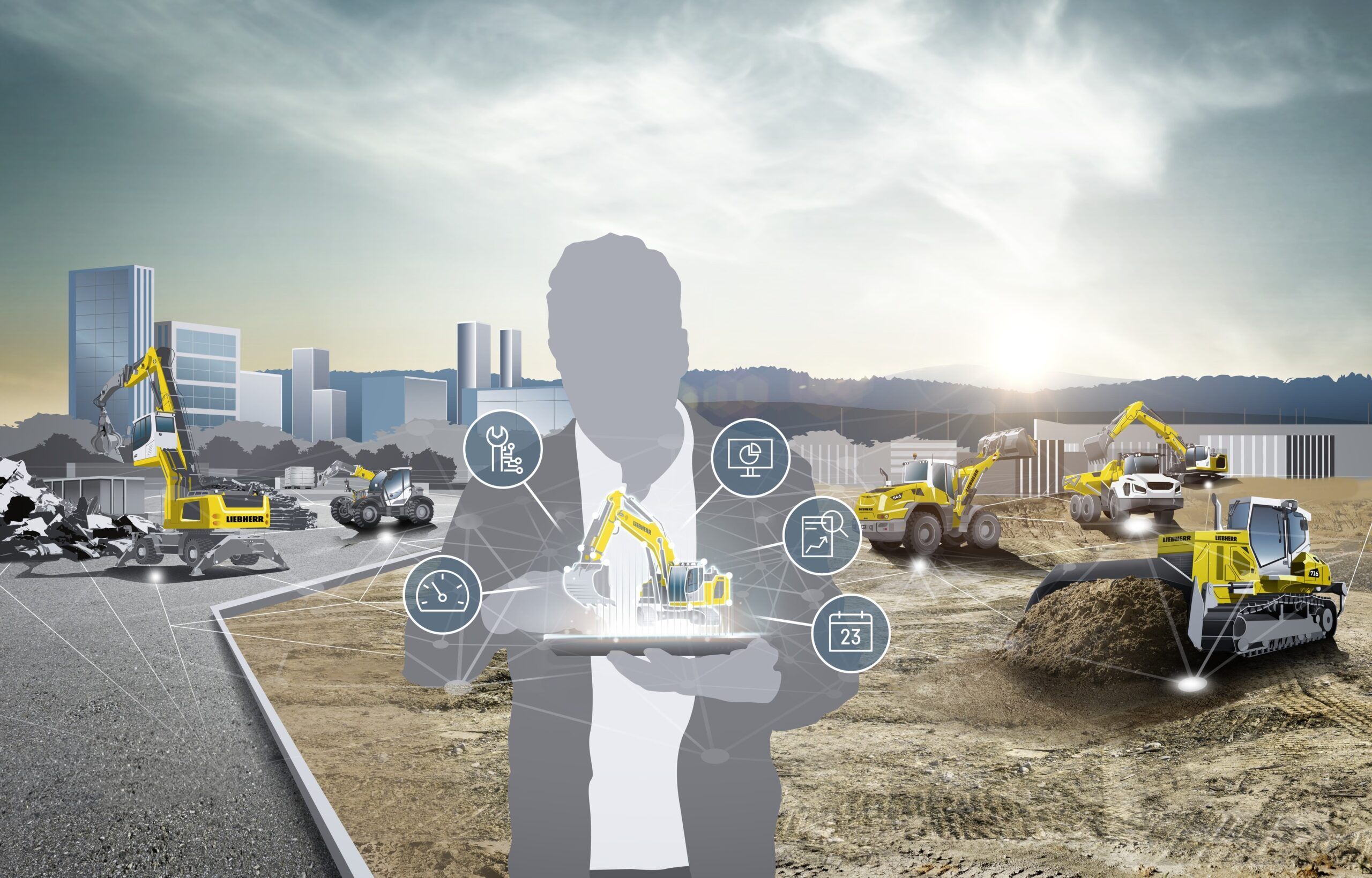 A composite illustration showing a silhouetted figure holding a tablet displaying a connected Liebherr excavator, surrounded by data icons representing telematics, service, performance and scheduling functions, with multiple Liebherr machines operating across a construction site in the background