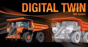 Promotional banner for Hitachi Construction Machinery and Landcros at Conexpo-Con/Agg 2026, featuring an orange haul truck alongside a wireframe digital twin rendering, with the text "Digital Twin AHS System"