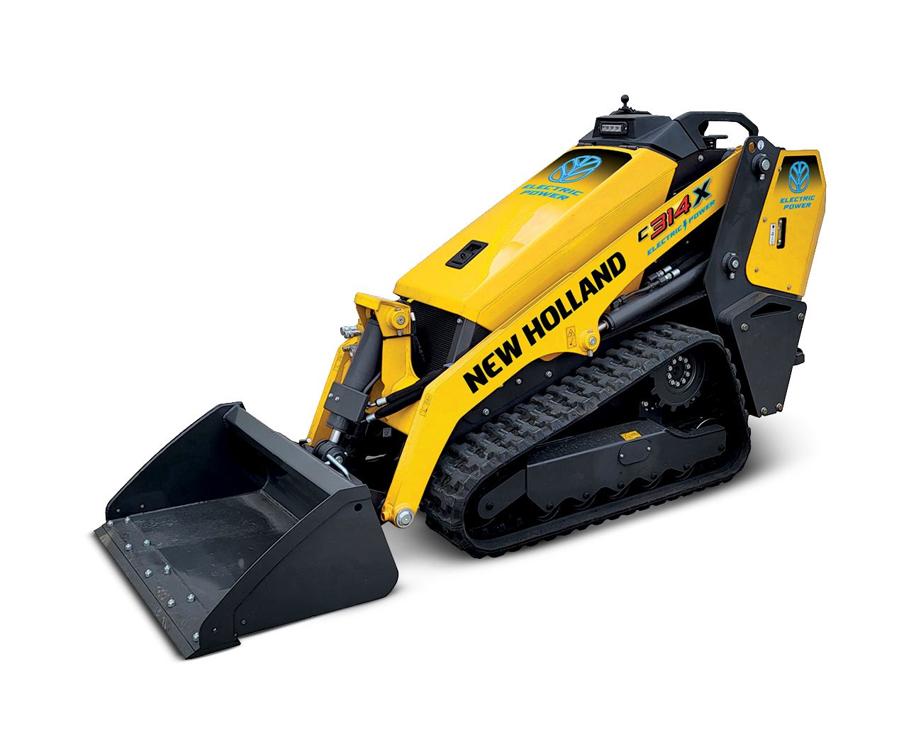 ABOVE: The New Holland Construction C314X electric mini track loader, available in narrow and wide-track configurations with standard rubber or optional non-marking tracks