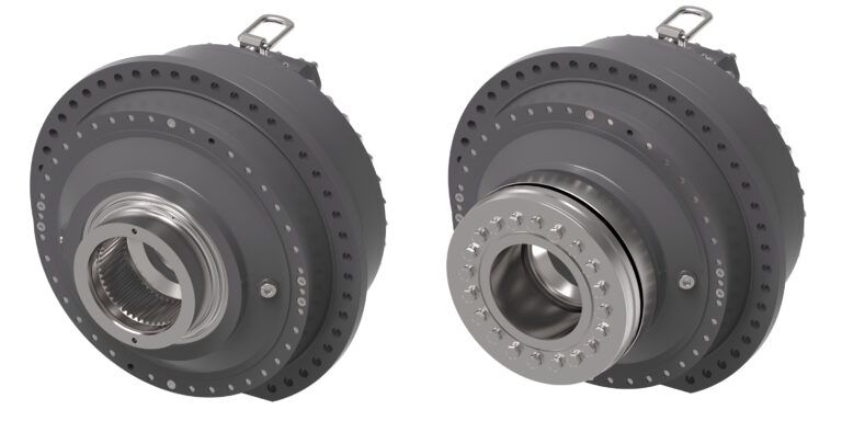 Two rendered views of the Vickers by Danfoss ICMB industrial cam lobe motor, a compact cylindrical radial piston hydraulic motor finished in dark grey, showing different shaft interface configurations