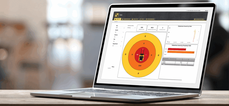 A laptop on a desk displaying the Hyster pedestrian detection event dashboard, showing a concentric zone diagram illustrating pedestrian proximity to a lift truck alongside charts tracking pedestrian events by date and proximity field.