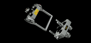 A product render of the Faster MultiQTC multiconnection system showing two separated grey metal coupling units against a black background, with the Faster logo and product name visible.