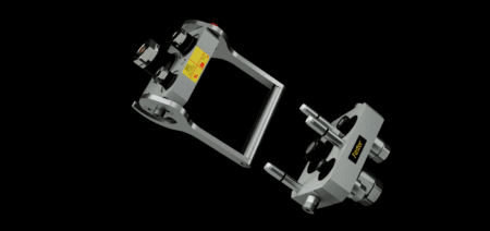 A product render of the Faster MultiQTC multiconnection system showing two separated grey metal coupling units against a black background, with the Faster logo and product name visible.
