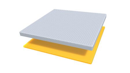 Exploded 3D render of two CHO-THERM HV Series thermal interface pad layers — a grey textured upper layer and a yellow lower layer — separated to show the pad's multi-layer construction.