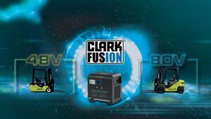 A Clark Fusion lithium-ion battery unit, a large black metal enclosure with red cable connections and a small display panel on top, branded with the Clark Fusion logo on the front face.