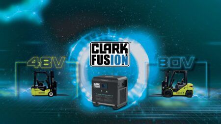 A Clark Fusion lithium-ion battery unit, a large black metal enclosure with red cable connections and a small display panel on top, branded with the Clark Fusion logo on the front face.