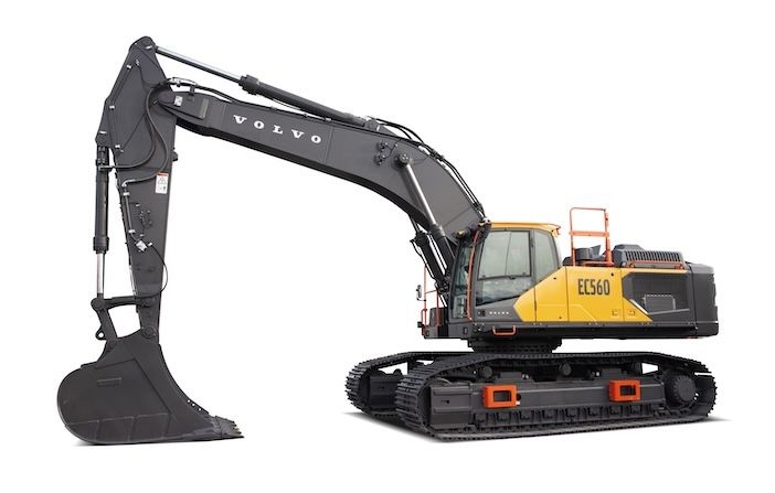 Studio cutout image of the Volvo EC560 crawler excavator in black and yellow livery, shown in profile against a white background with its arm and bucket fully extended
