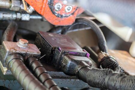 Close-up photograph of an MRS Electronic control module mounted on a piece of mobile construction machinery. The dark rectangular module is connected to multiple black hydraulic hoses and wiring looms, with a purple connector visible. An orange component is partially visible in the background. The assembly shows signs of heavy use, with dirt and moisture consistent with outdoor construction environments.