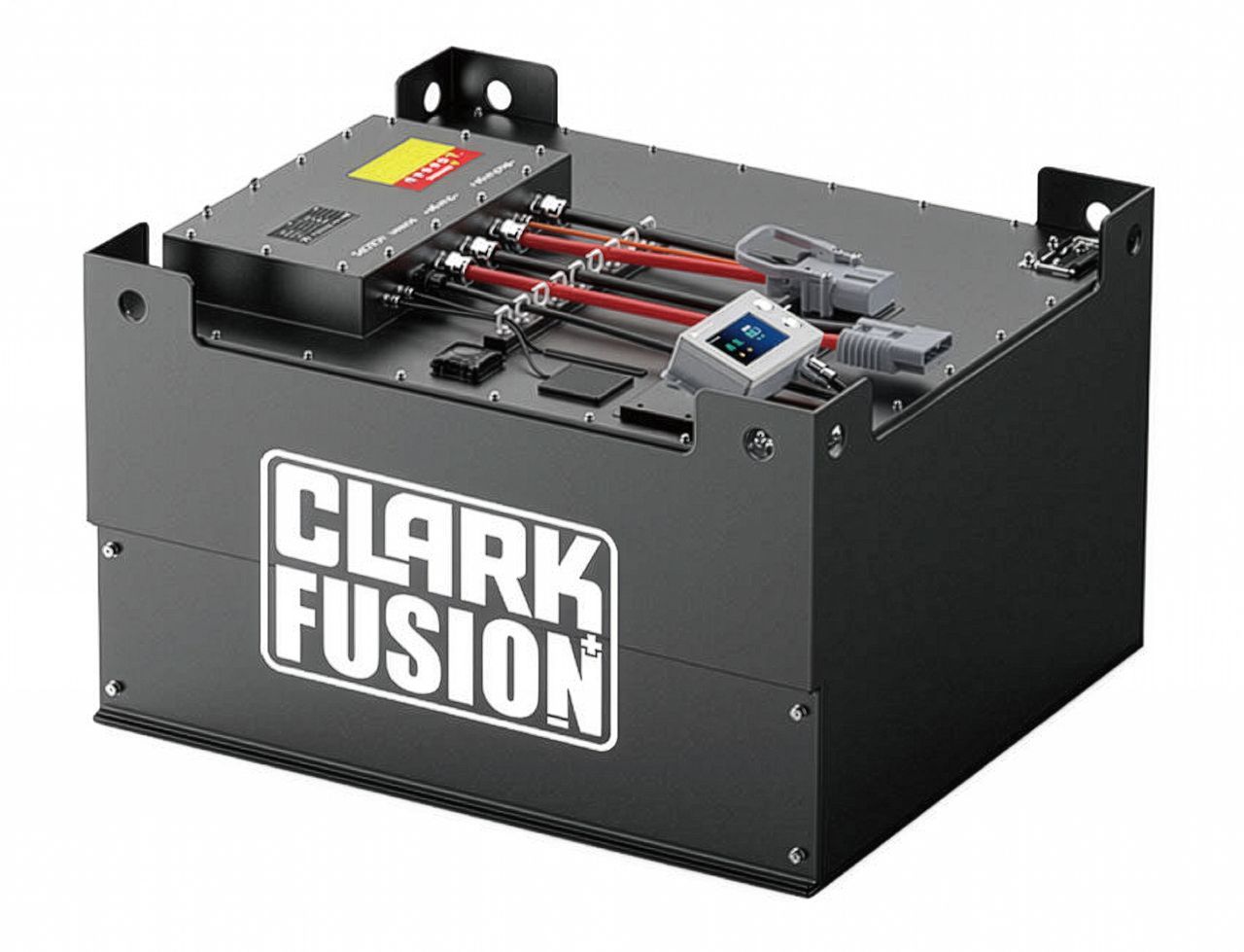 Promotional graphic showing two Clark S-Series Electric forklifts — one 48V model on the left and one 80V model on the right — flanking a Clark Fusion multi-voltage charger unit, set against a dark teal background with the Clark Fusion logo at centre.