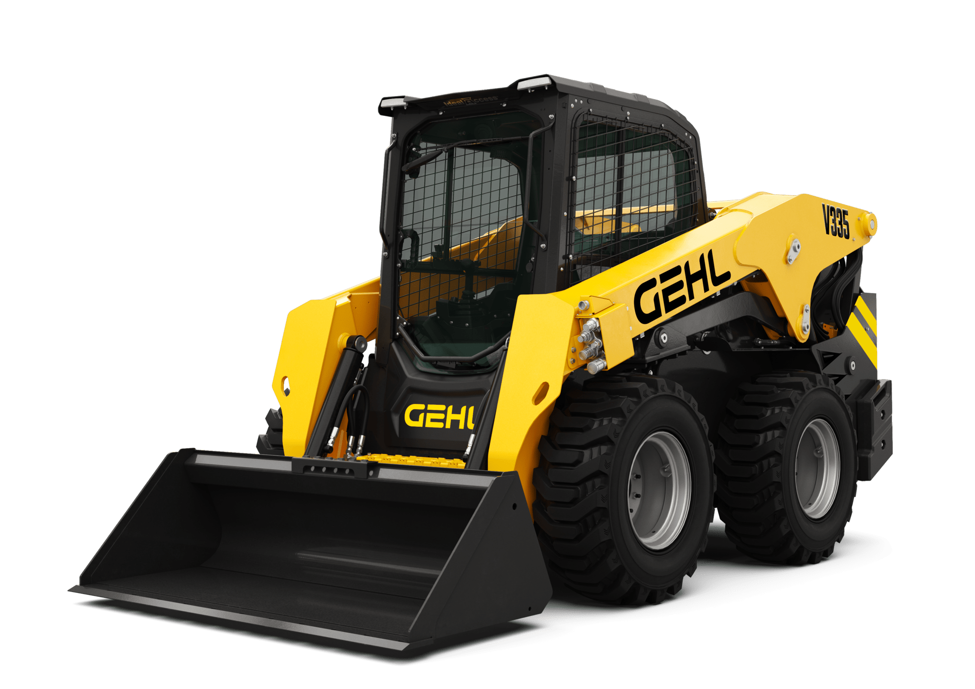 Studio render of a yellow Gehl V335 skid steer loader with bucket attachment, shown against a black background