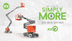 Two Skyjack electric slab boom lifts, the SJ45 AJN and SJ45 ARJN, shown in an indoor industrial setting with extended booms and orange platforms raised.