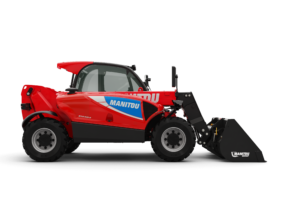 Side-profile studio render of a red Manitou MTA 519 e electric telehandler with bucket attachment