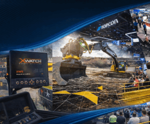 A composite image showing an XW5 in-cab safety display on the left, a yellow crawler excavator working on a construction site in the centre, and the Topcon exhibition stand at a trade show on the right, with a geometric network overlay graphic in the foreground.