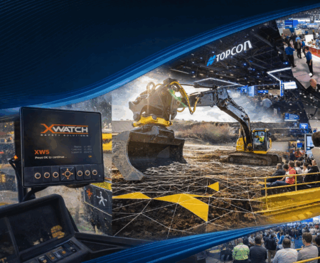 A composite image showing an XW5 in-cab safety display on the left, a yellow crawler excavator working on a construction site in the centre, and the Topcon exhibition stand at a trade show on the right, with a geometric network overlay graphic in the foreground.