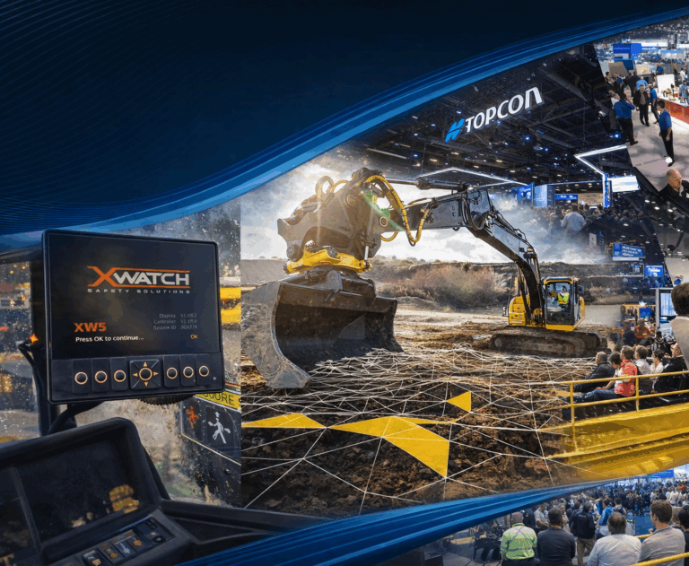 A composite image showing an XW5 in-cab safety display on the left, a yellow crawler excavator working on a construction site in the centre, and the Topcon exhibition stand at a trade show on the right, with a geometric network overlay graphic in the foreground.