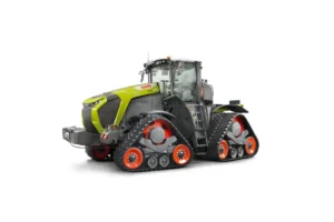 Studio render of the Claas Xerion 12 large tractor on Terra Trac crawler track units, shown in three-quarter front view against a white background
