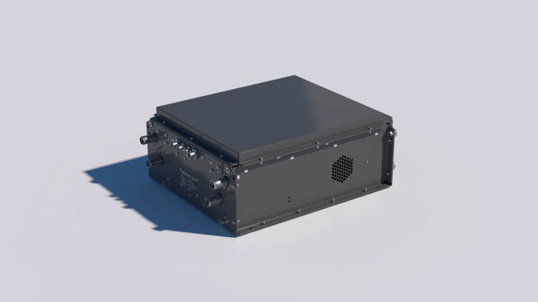 3D render of the Grayson CM-series complete thermal management system, a dark grey rectangular unit with multiple fluid connections and ventilation ports, shown against a neutral grey background