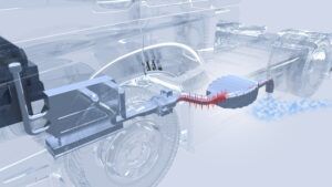 Rendered cutaway illustration of a fuel cell vehicle underbody showing the exhaust air system, with a red waveform indicating airflow through the De-Hydrator and a blue vapour cloud at the tailpipe.