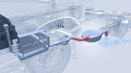 Rendered cutaway illustration of a fuel cell vehicle underbody showing the exhaust air system, with a red waveform indicating airflow through the De-Hydrator and a blue vapour cloud at the tailpipe.