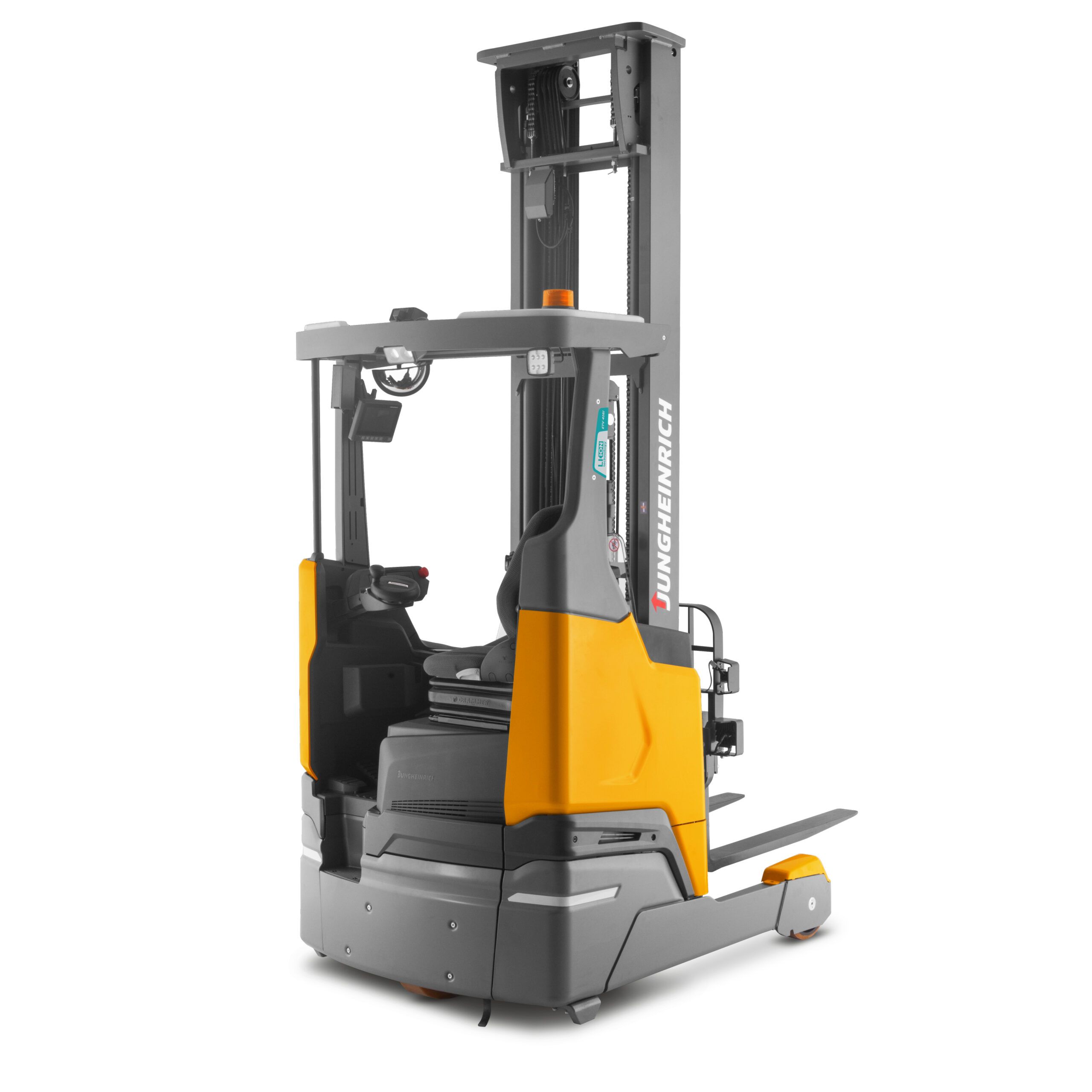 A yellow and grey Jungheinrich ETV 4i electric reach truck with mast extended, shown in studio profile on a white background